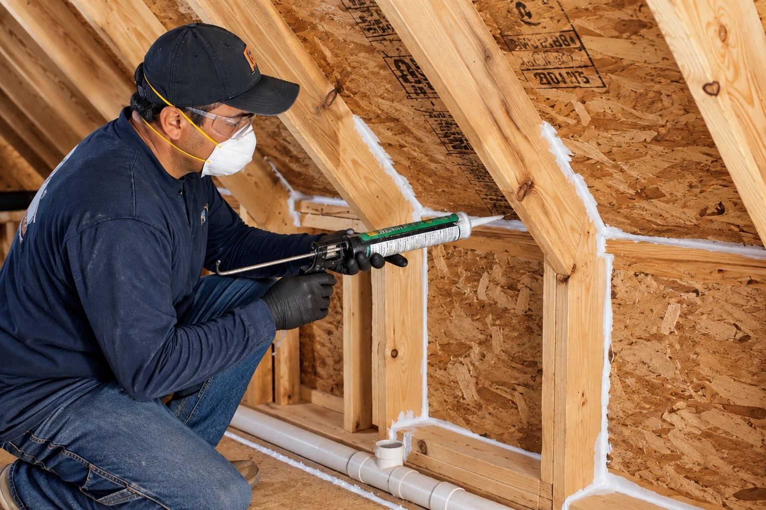 Worker in protective gear applies foam sealant along the joints of exposed wooden framing with a caulking gun.
