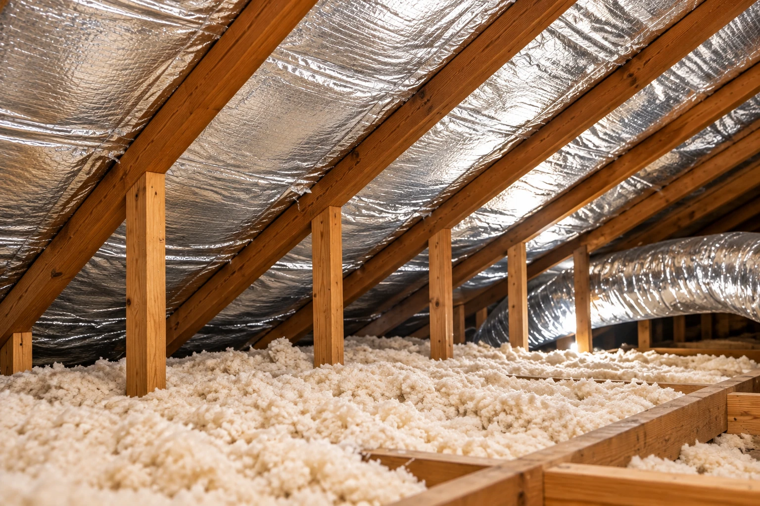 Attic with blown-in insulation across the floor, reflective foil lining the sloped roof between exposed wooden rafters.