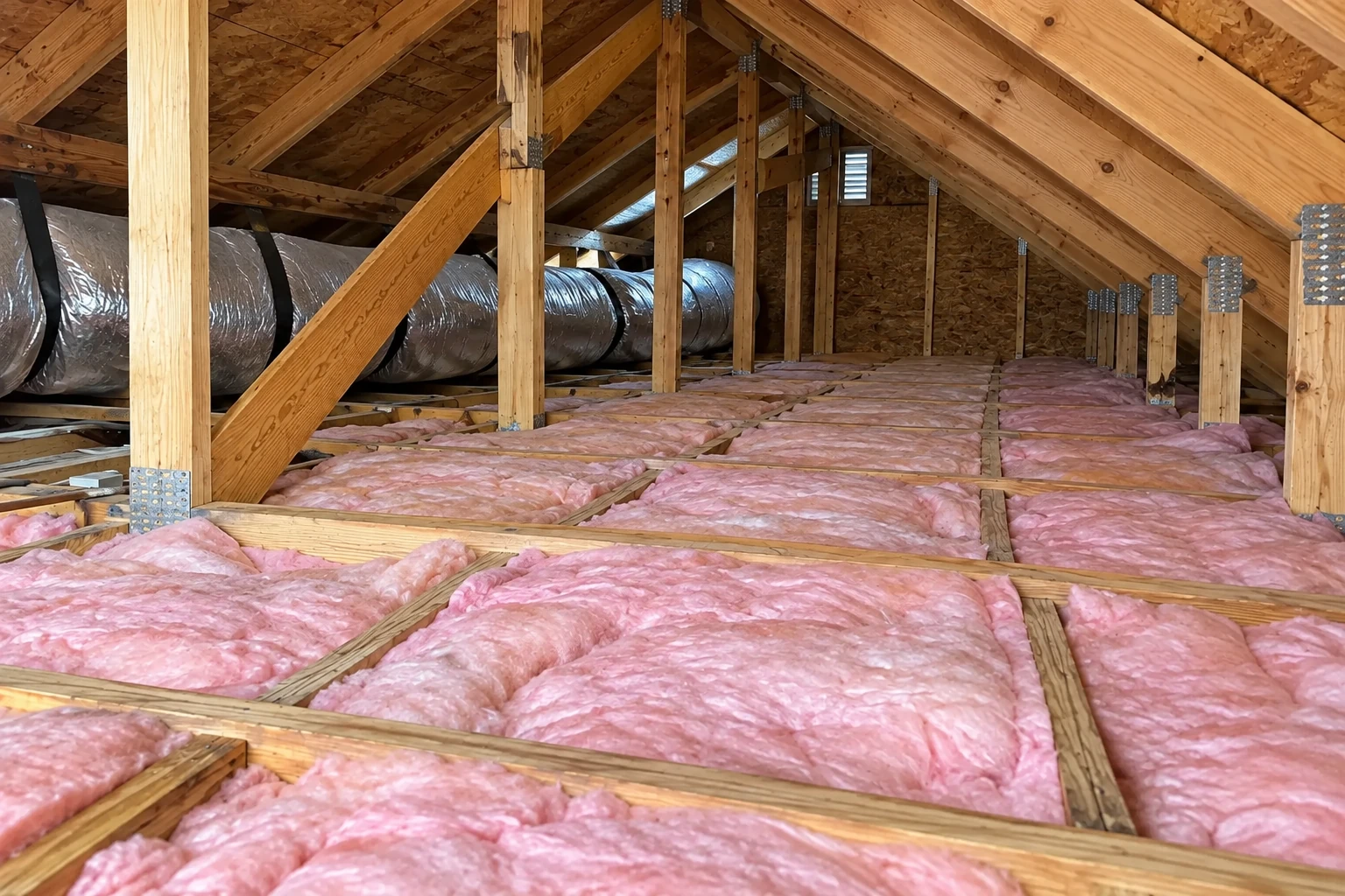 Pink batt insulation covers the attic floor between wooden framing, with a large metal duct running along one side.