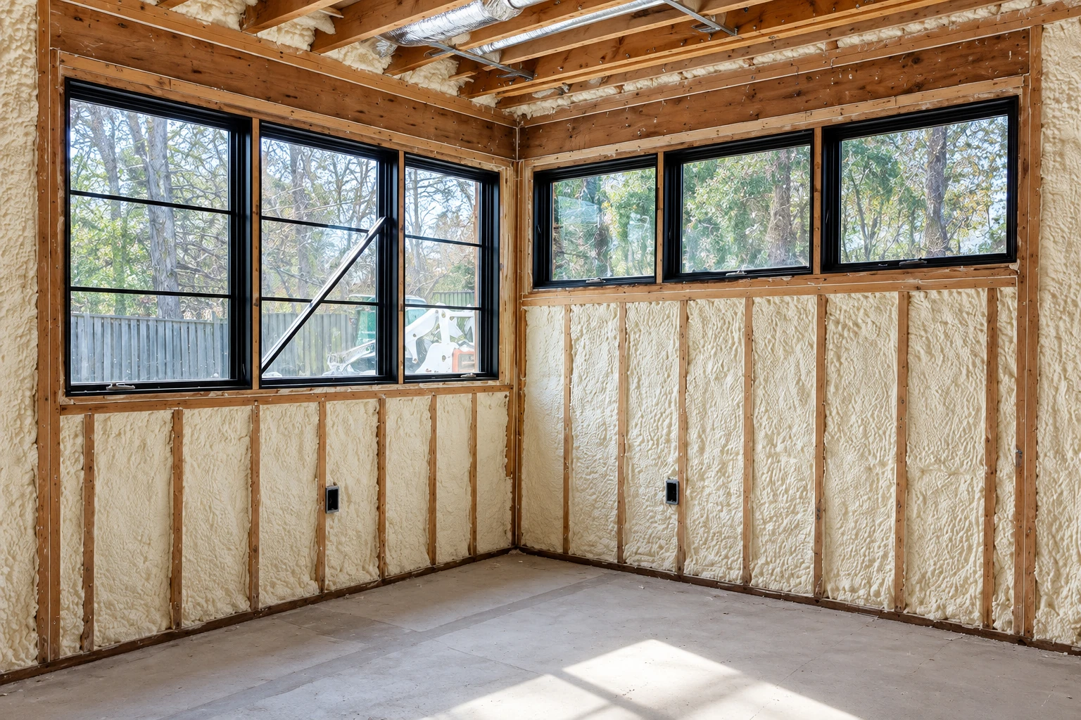 An unfinished room has pale spray foam between exposed wall studs and black-framed windows.