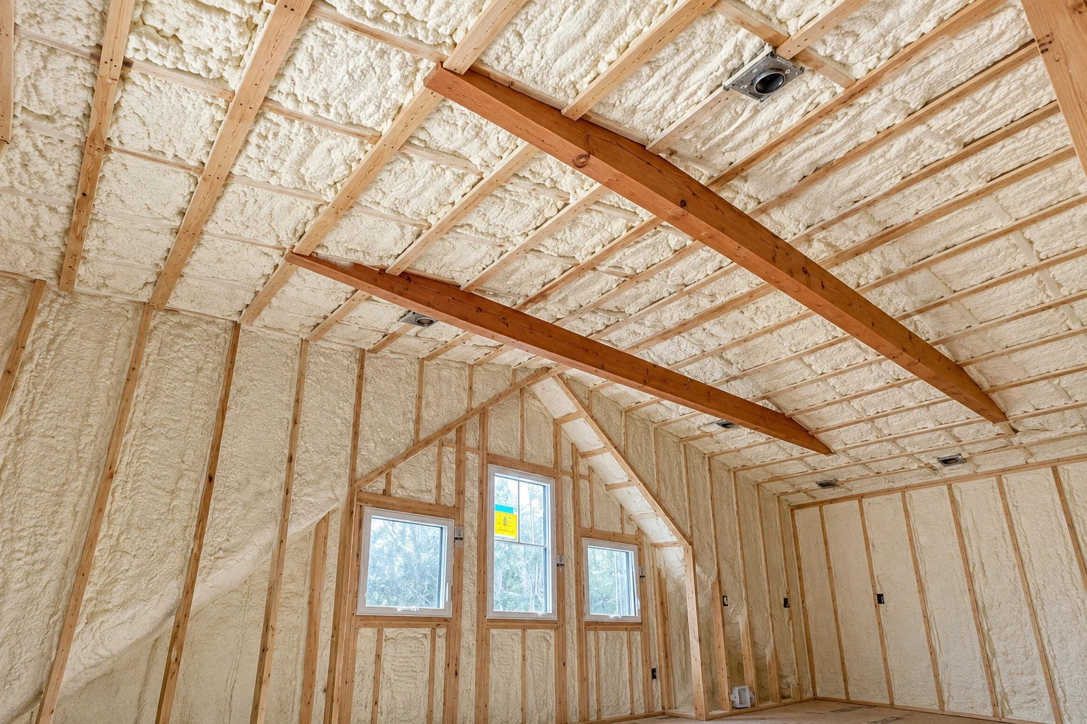 Spray foam insulation coats the ceiling and walls between exposed wooden framing in an unfinished attic.