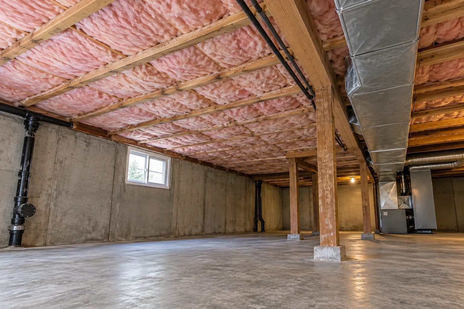 Pink batt insulation is fitted between the ceiling joists of an unfinished basement.