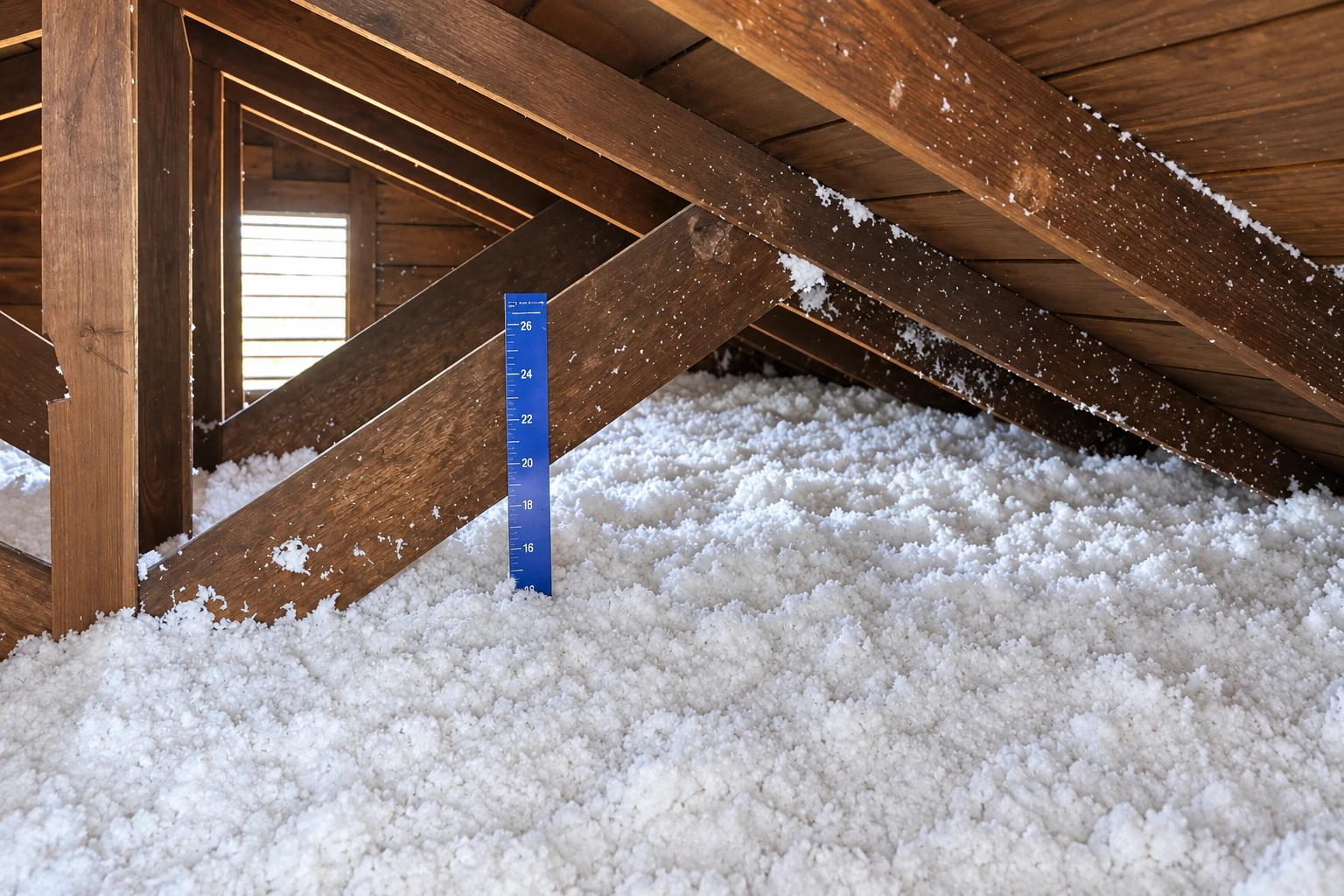 White blown-in insulation fills an attic floor beneath dark wooden roof trusses, beside a blue depth gauge.
