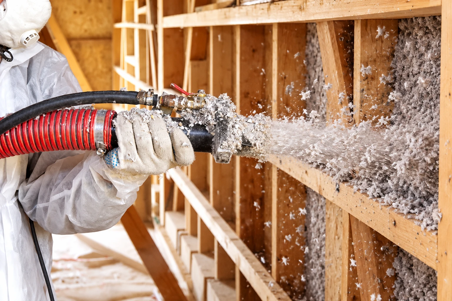 A worker sprays loose-fill insulation from a hose into an open wooden wall cavity.