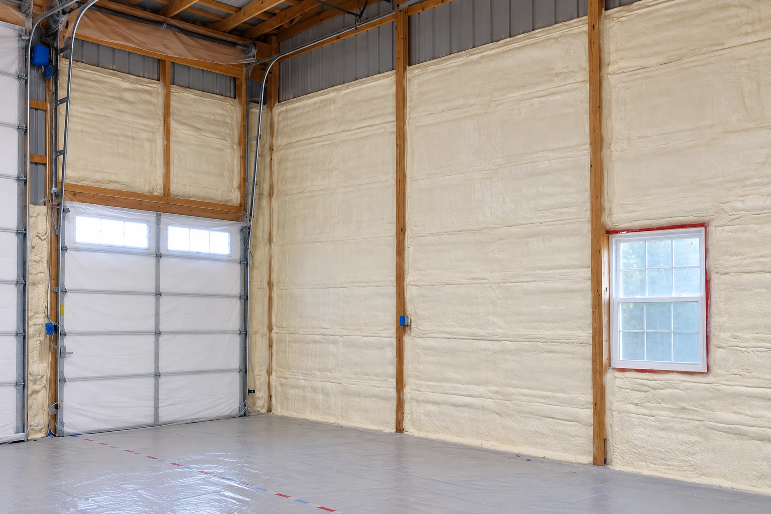 Commercial building interior with cream spray foam insulation covering the walls between wooden framing, beside a garage door and window.