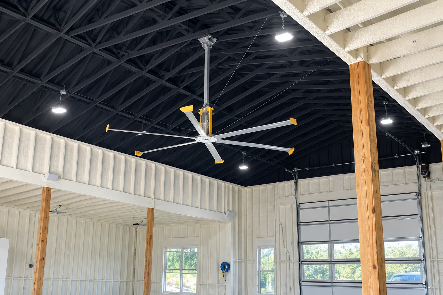 Commercial insulation in a large workshop, with white foam-coated walls, a dark exposed roof, and a suspended industrial fan.