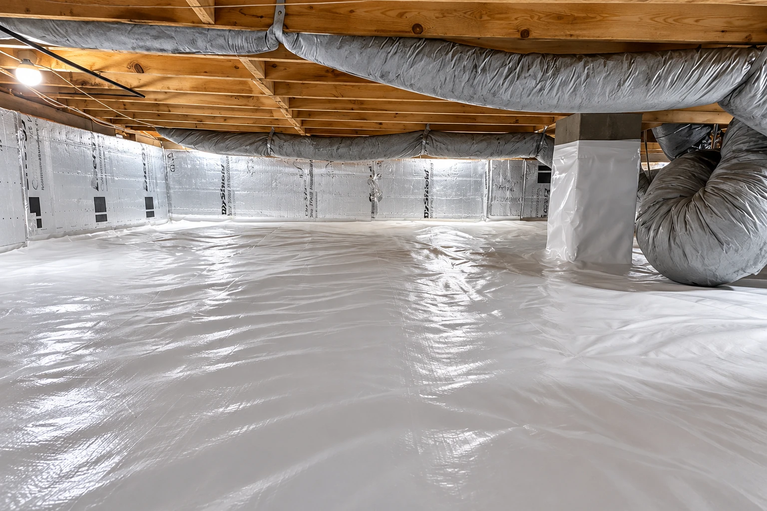 Crawl space with shiny white vapor barrier on the floor, reflective insulation on the walls, and large gray ducts overhead.