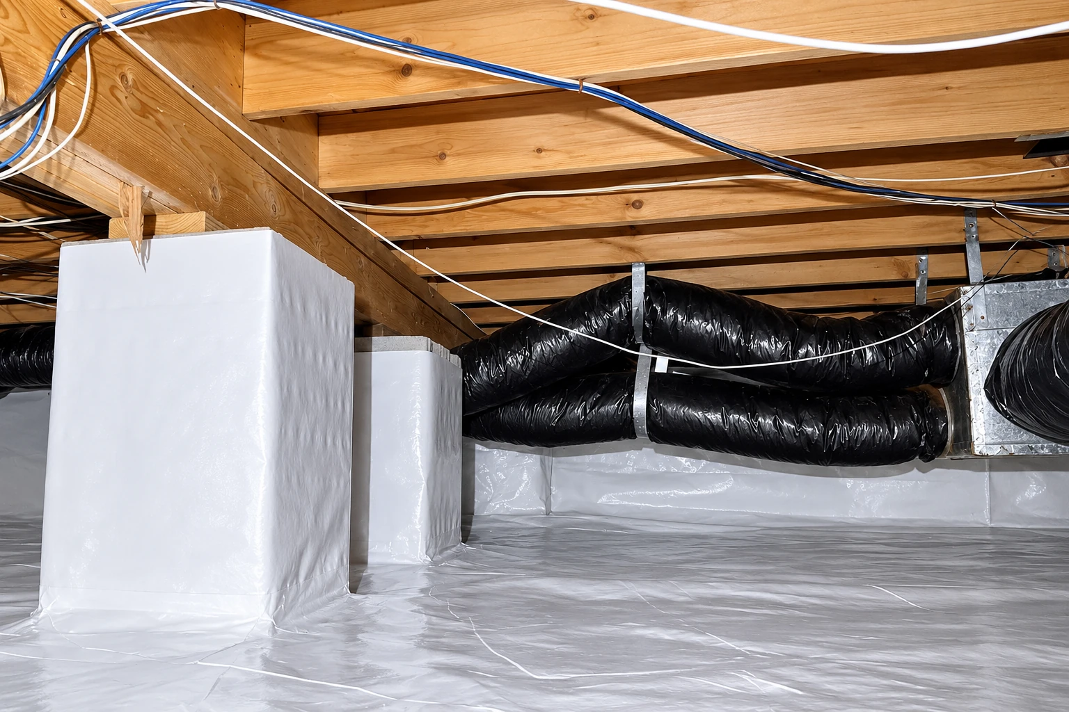 Crawl space with a plastic vapor barrier covering the floor and wrapped around support columns beneath black ducts and wooden joists.