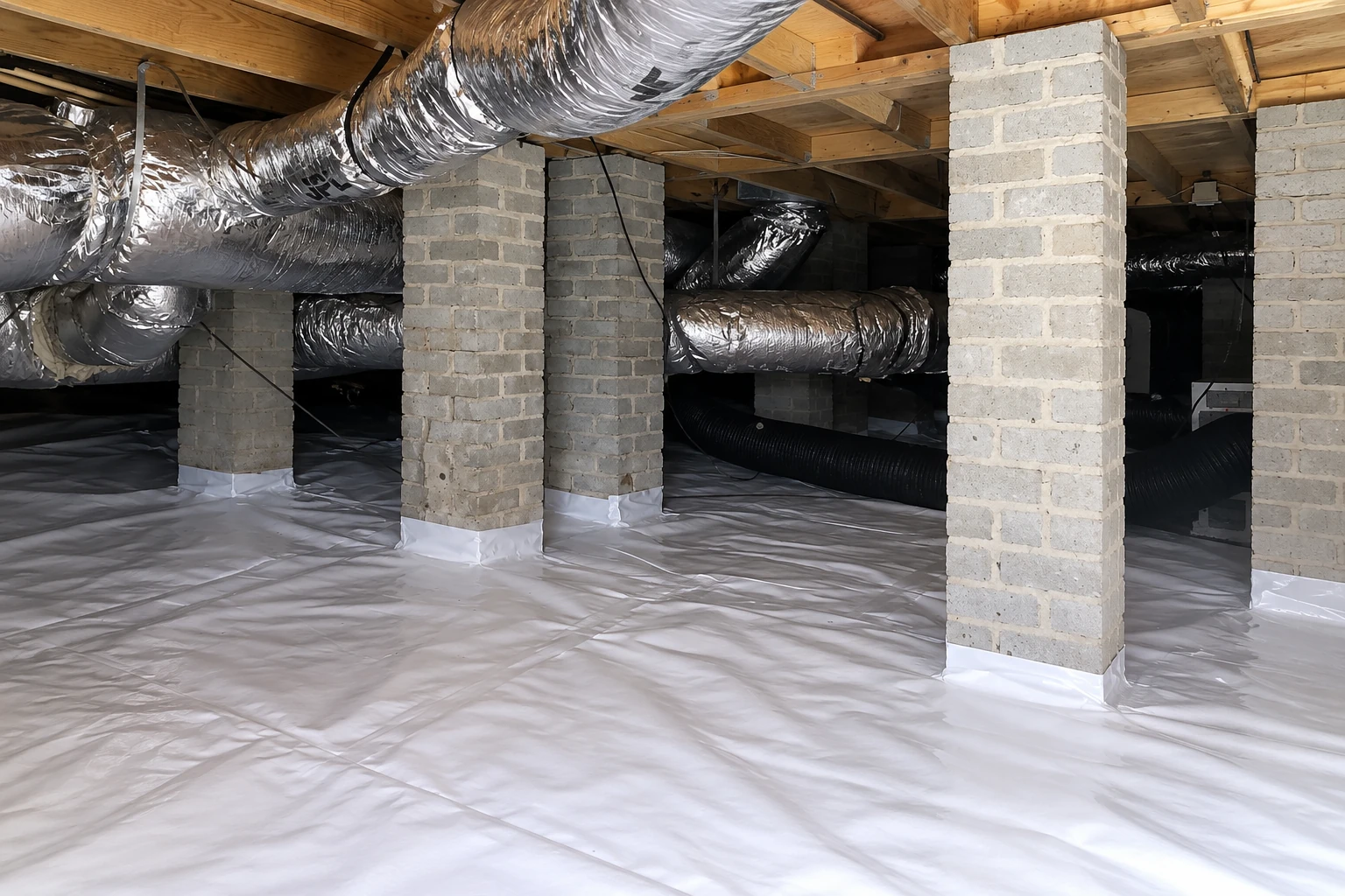 Crawl space with a white vapor barrier covering the ground between brick piers, beneath silver HVAC ducts and wooden floor joists.