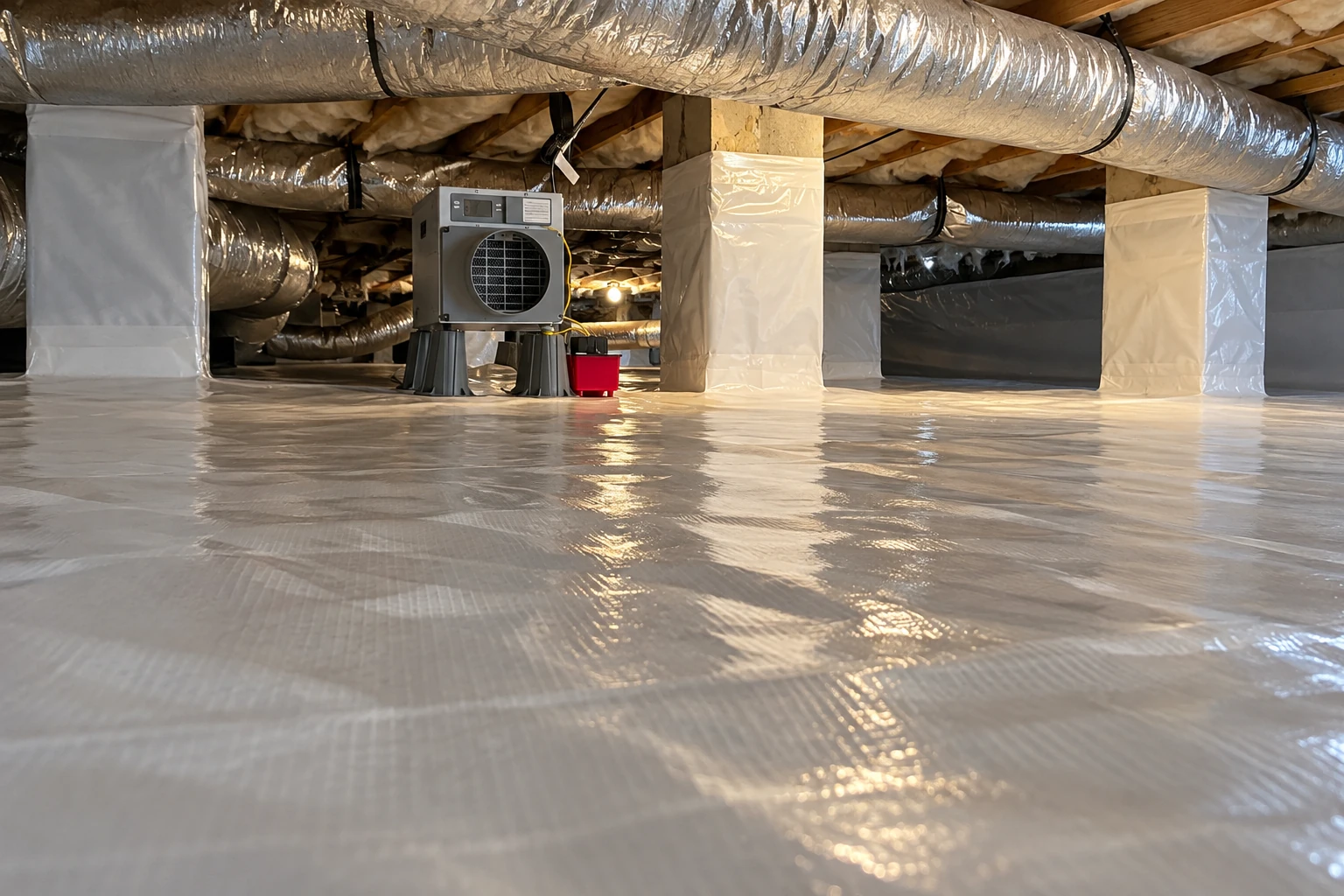 A crawl space floor is covered with a white vapor barrier beneath ducts and wrapped support columns.