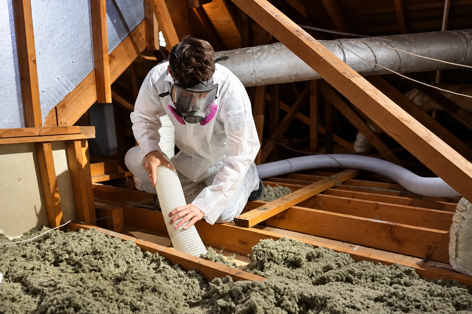 A worker wearing protective coveralls and a respirator uses a hose to remove loose insulation from an attic.