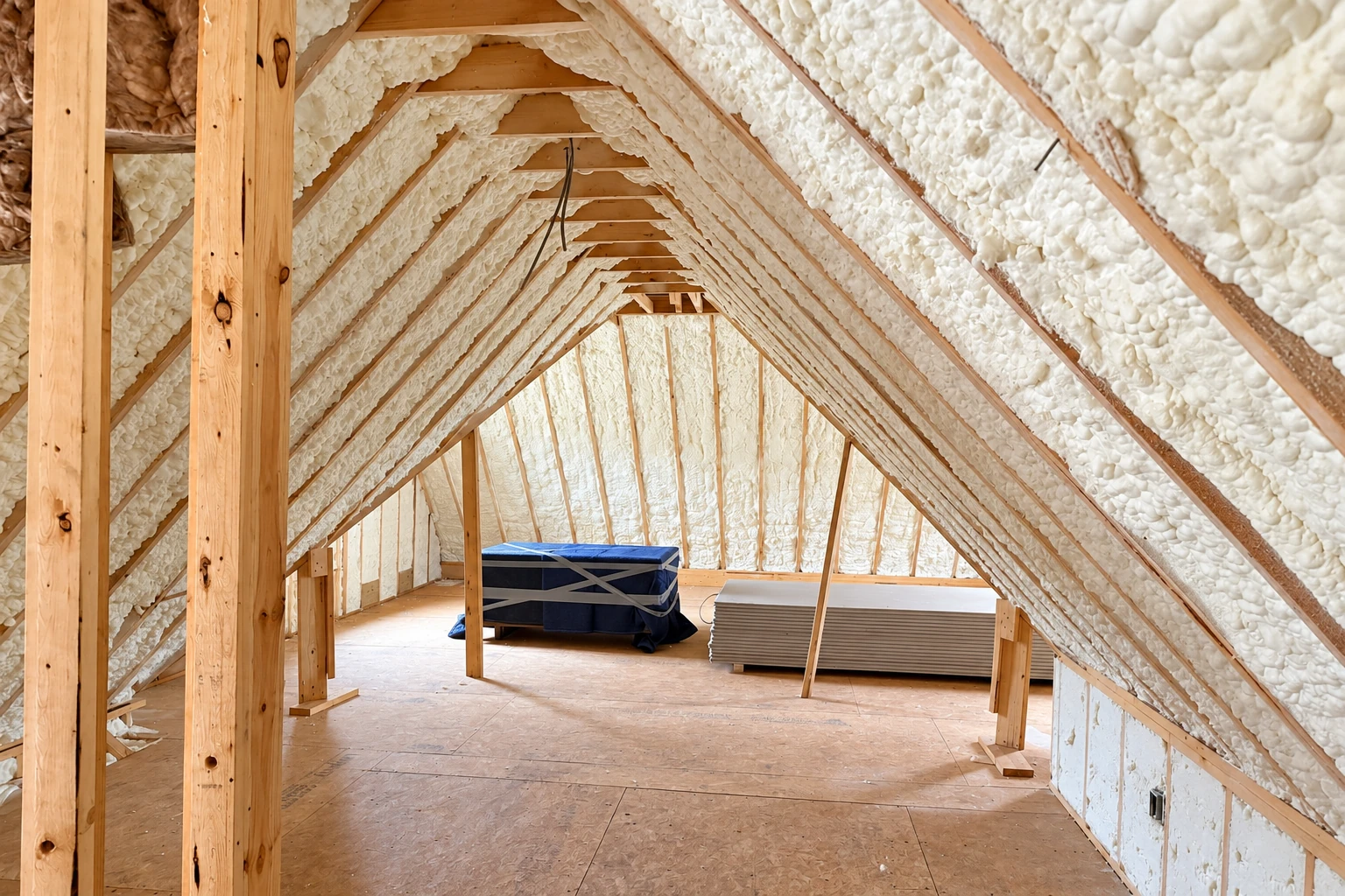 Open-cell foam insulation fills the rafters and gable walls of a framed attic, with exposed floor and stored materials.