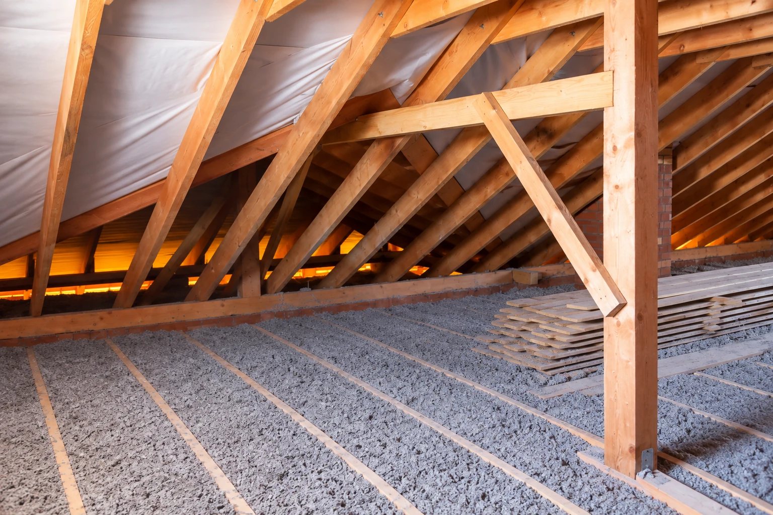 Attic with loose-fill insulation across the floor beneath exposed wooden roof trusses and white roof lining.