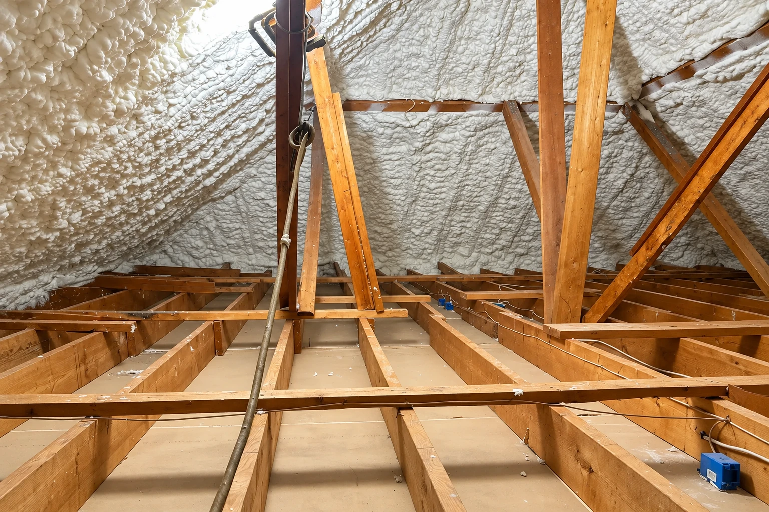 Spray foam insulation covers the roof underside in an attic with exposed wooden rafters and floor joists.