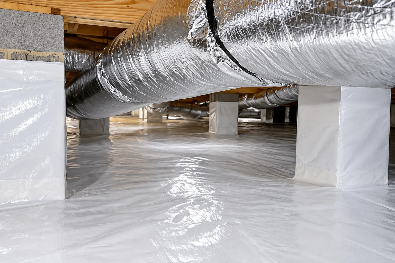 White vapor barrier sheeting covers the crawl-space floor and wraps support piers beneath large silver ducts.
