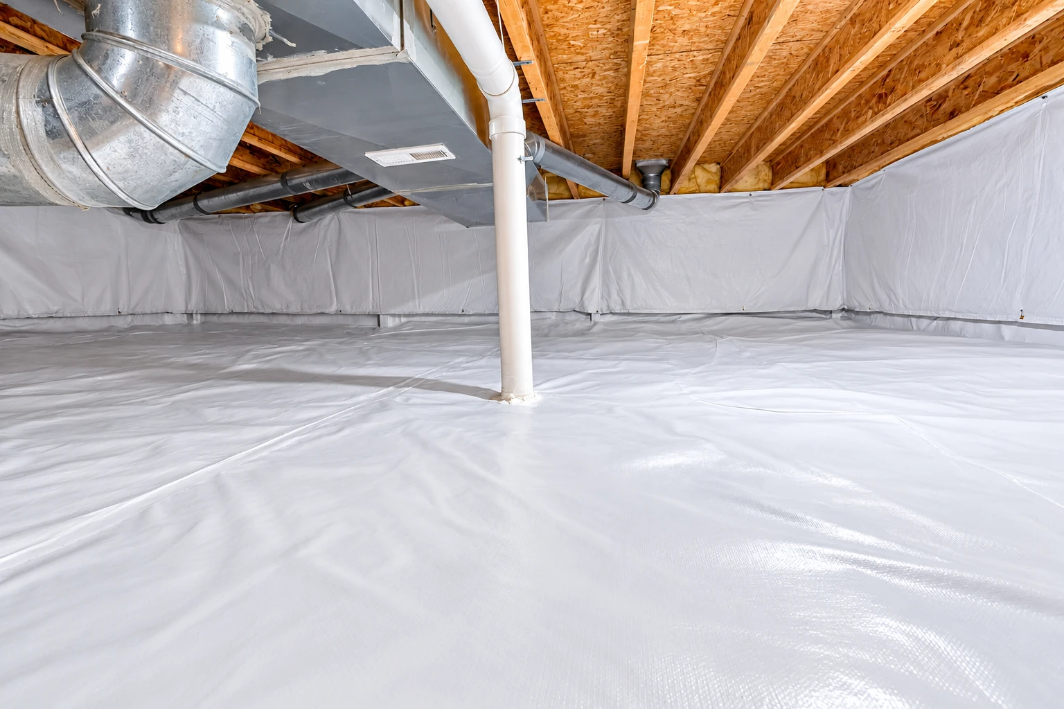 A crawl space vapor barrier covers the floor and lower walls beneath exposed floor joists and ductwork.
