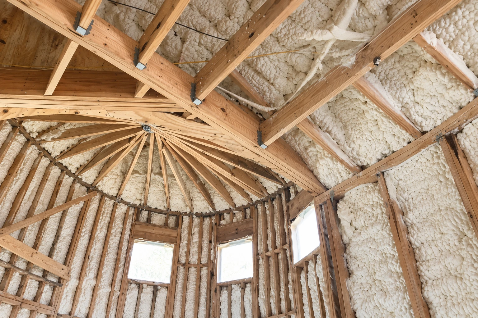 Exposed wooden roof and wall framing densely filled with white spray foam insulation.